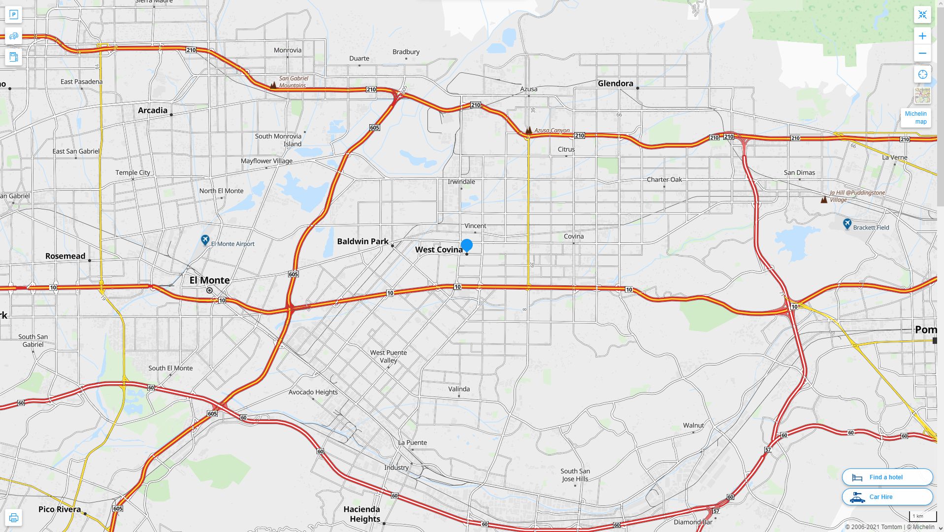 West Covina California Highway and Road Map